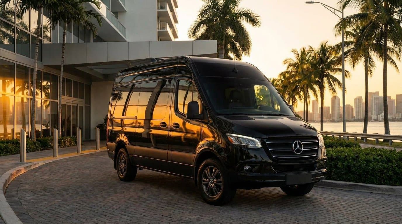 Black Business Sprinter 10 at a Brickell hotel entrance