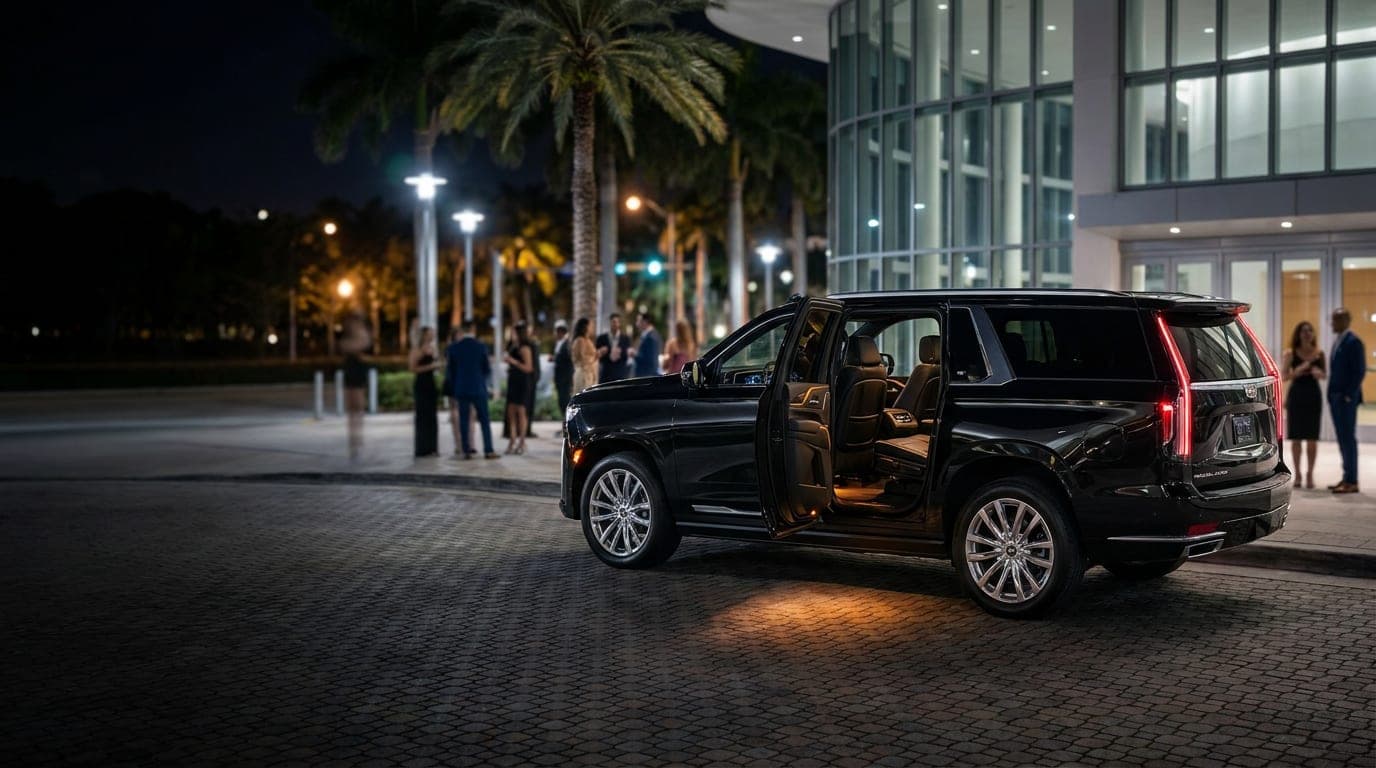 Black Escalade ESV with the rear door open outside the Miami Beach Convention Center at night during Art Basel