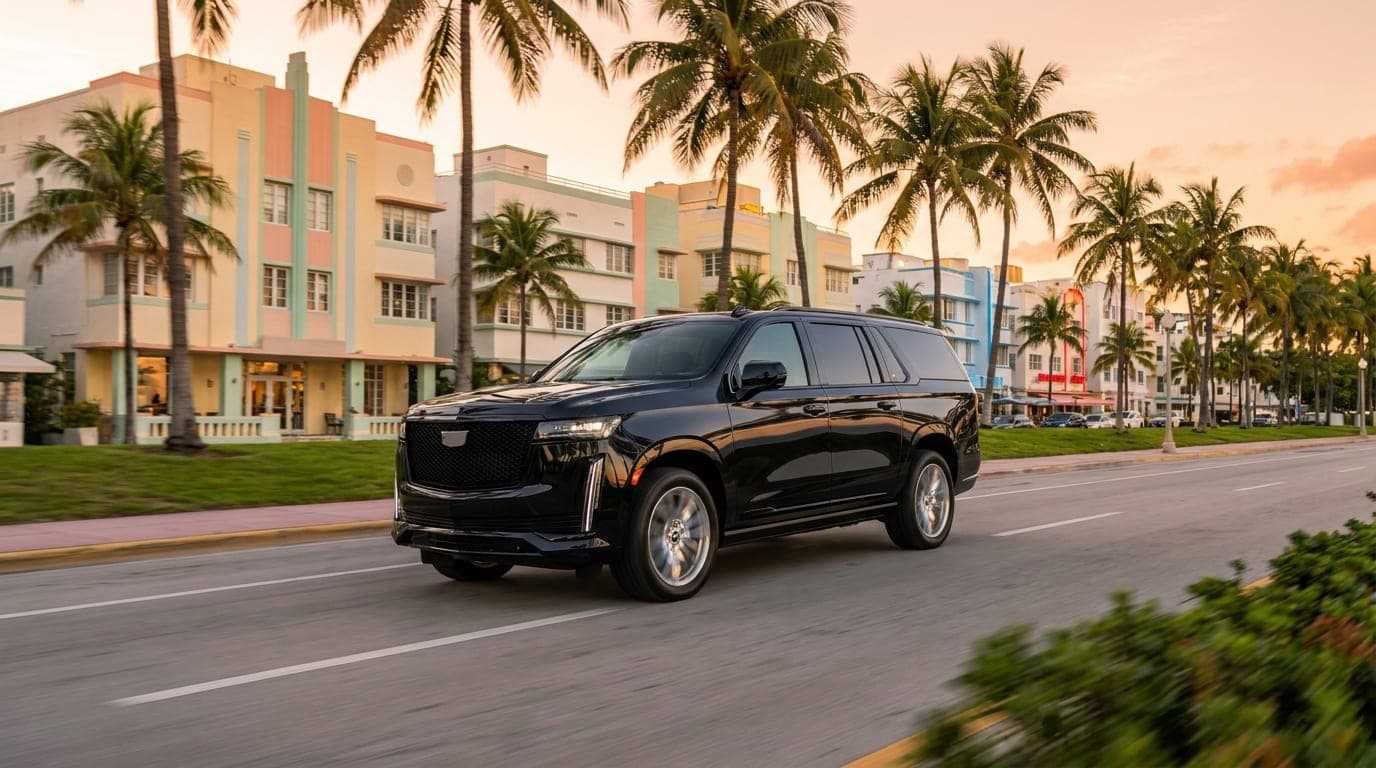 Black Escalade ESV driving along Ocean Drive in South Beach at golden hour