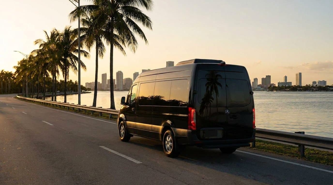 Black Sprinter minibus on a palm-lined causeway with the Miami skyline at sunset