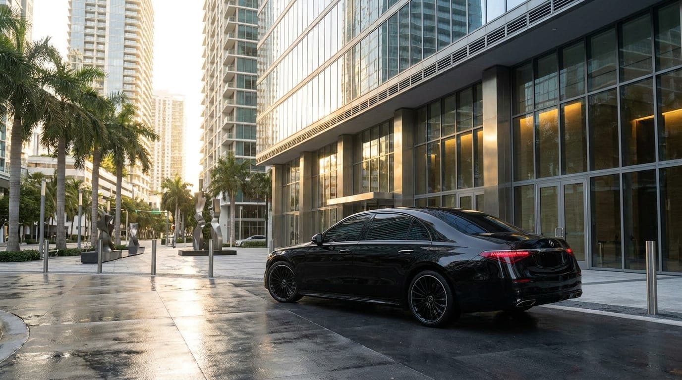 Black luxury sedan at the entrance of a glass office tower in Brickell