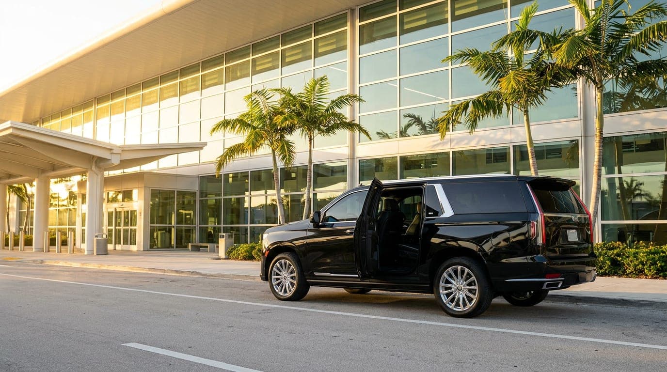 Black Escalade ESV with the rear door open at the Fort Lauderdale airport arrivals curb