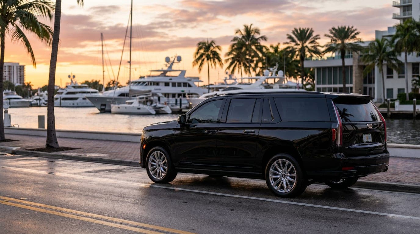 Black SUV on Las Olas Boulevard in Fort Lauderdale at sunset