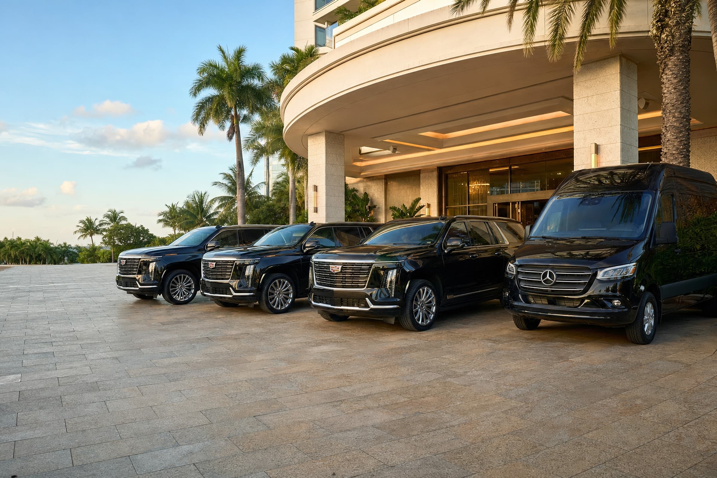 Motorcade of black Cadillac Escalade ESVs and a Mercedes Sprinter van lined up under the entrance of a luxury Miami hotel, ready for a G20 delegation