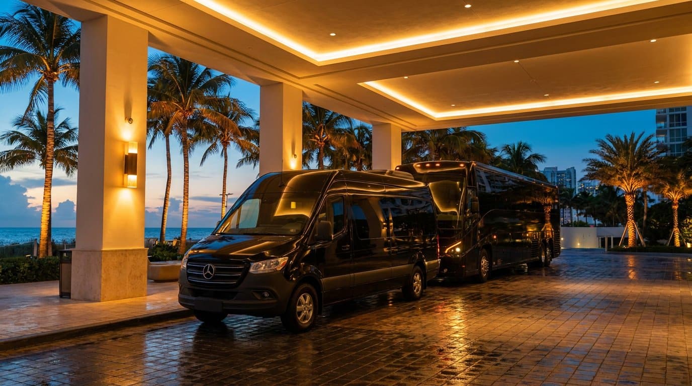 Black Sprinter van and luxury coach at a Miami Beach hotel entrance at dusk