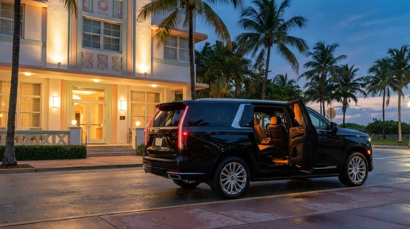 Black Escalade ESV outside an art deco hotel in Miami Beach