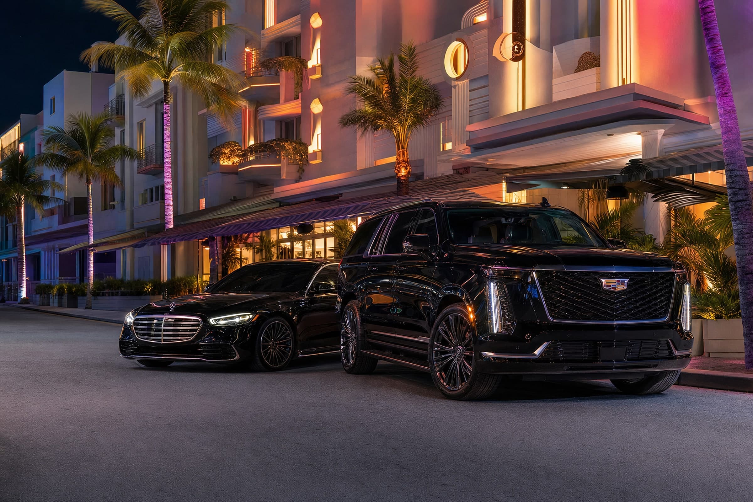 Black Cadillac Escalade ESV and Mercedes S-Class parked in front of an Art Deco hotel on Collins Avenue, Miami Beach, at night
