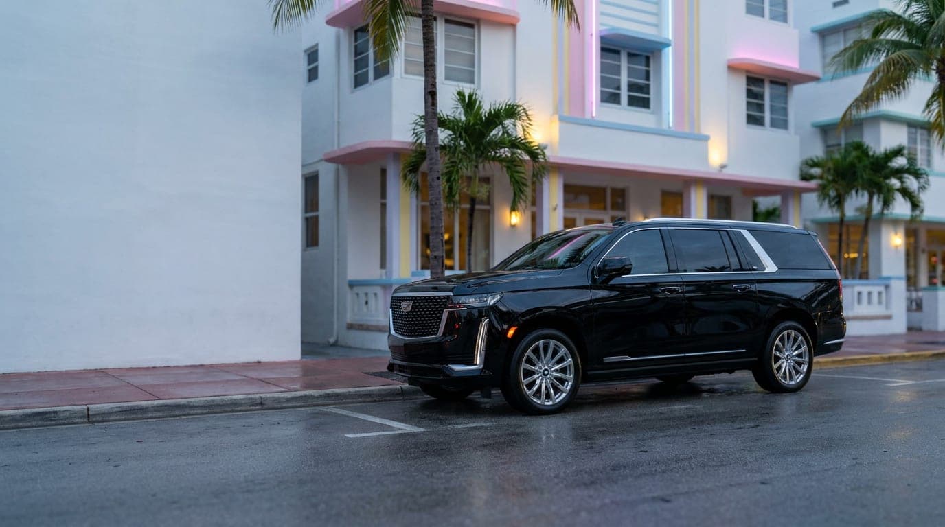 Black SUV in front of an Art Deco hotel on Collins Avenue, Miami Beach, at blue hour