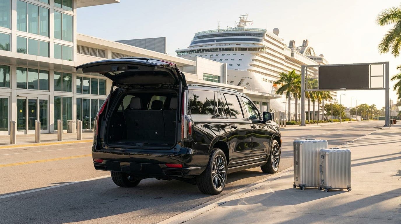 Black Escalade ESV with the rear hatch open and luggage at the PortMiami cruise port, cruise ship behind