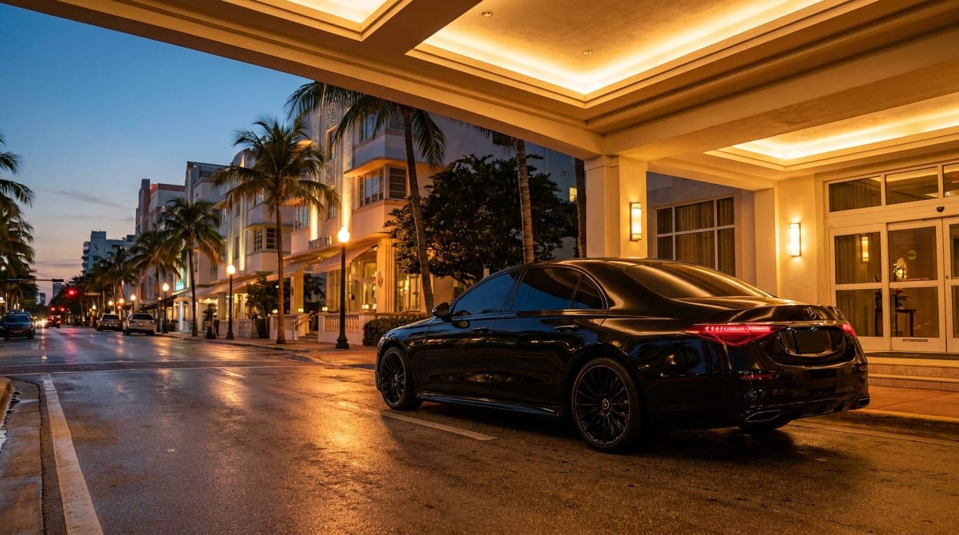 Black flagship luxury sedan under the entrance of a Miami Beach hotel at dusk
