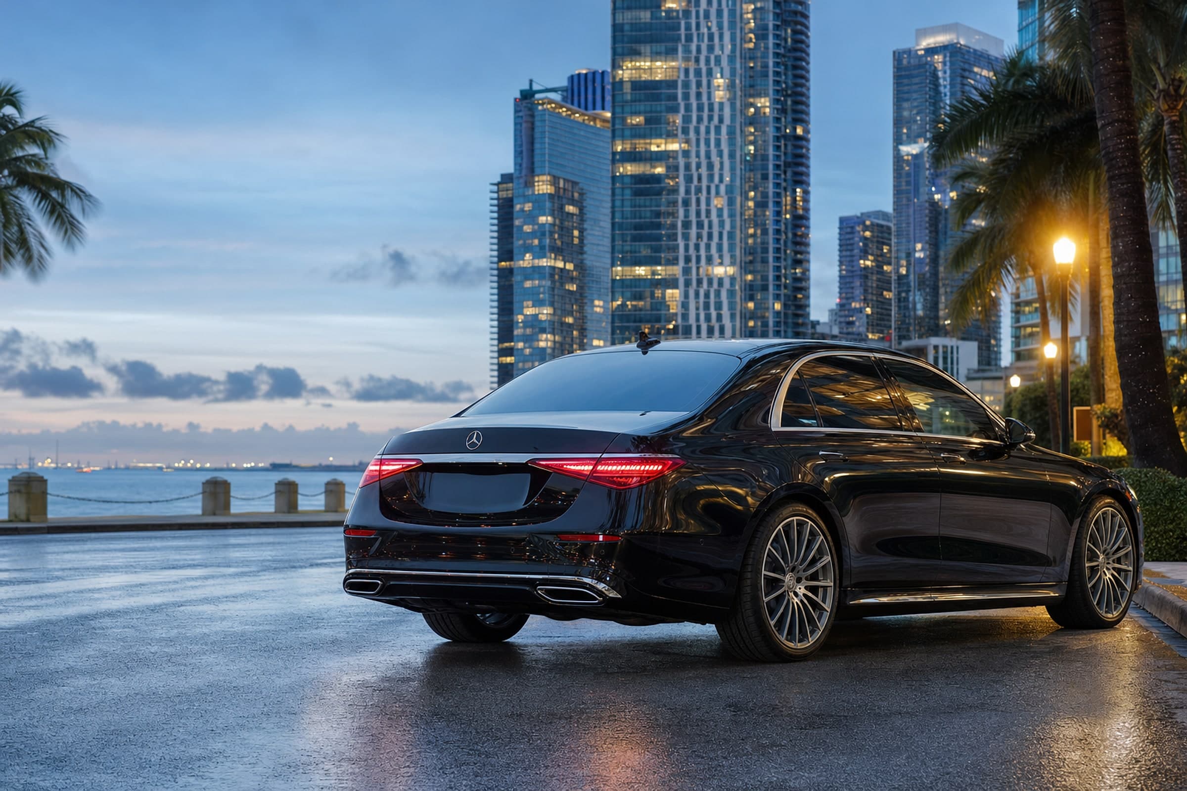 Black Mercedes S-Class parked on Brickell Avenue, Miami, at dusk
