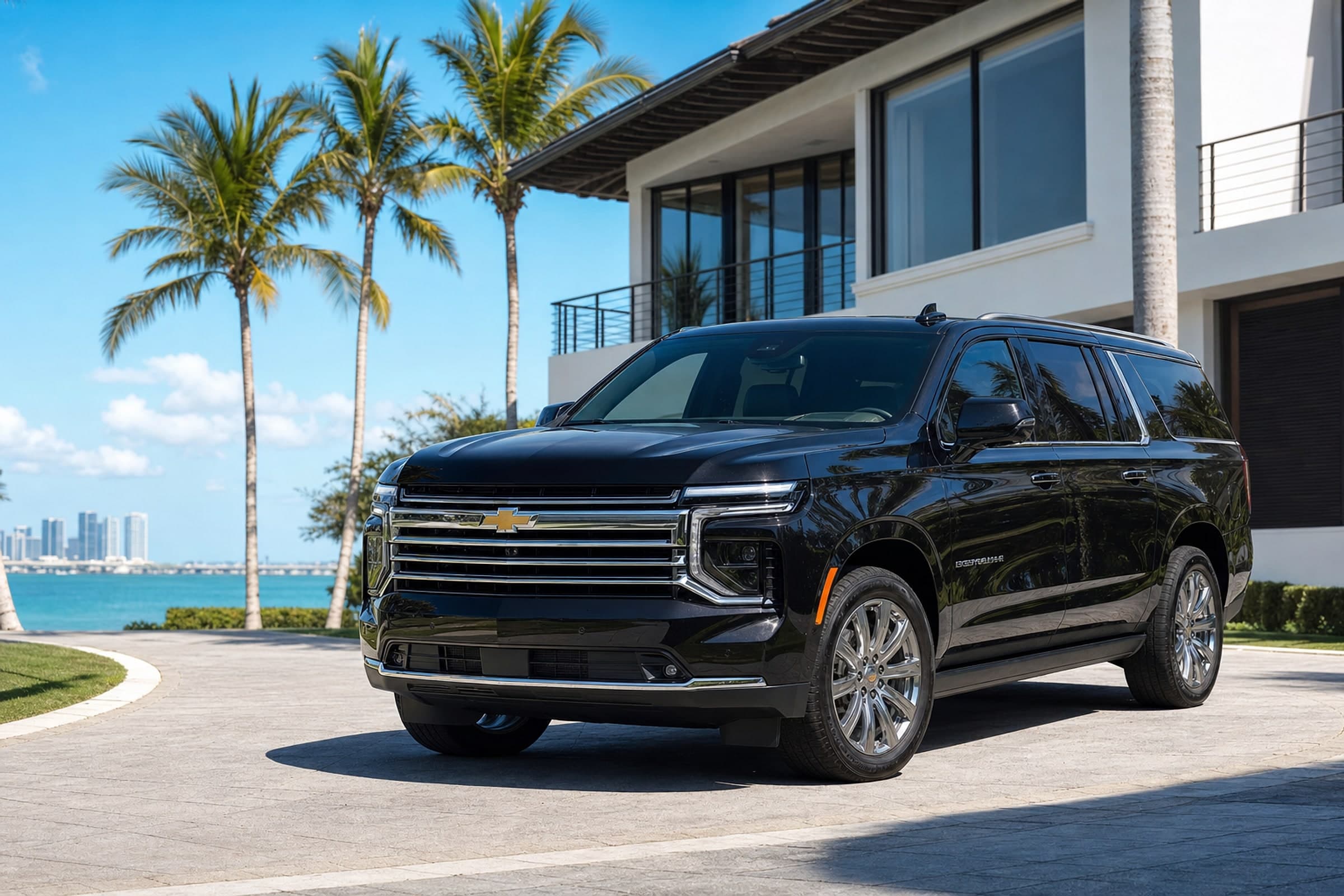Black Chevrolet Suburban parked in the driveway of a waterfront villa in Miami Beach