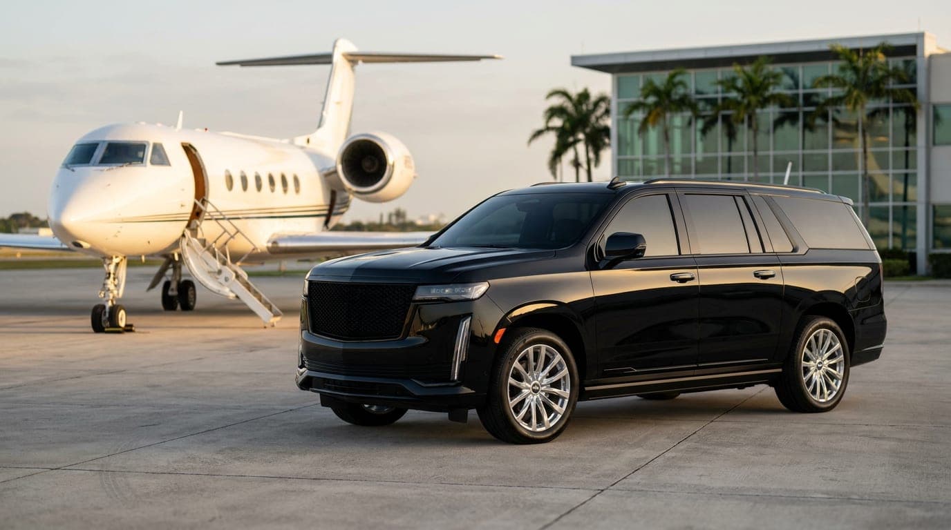 Black Escalade ESV next to a business jet on the apron of an FBO at Opa-locka Executive Airport