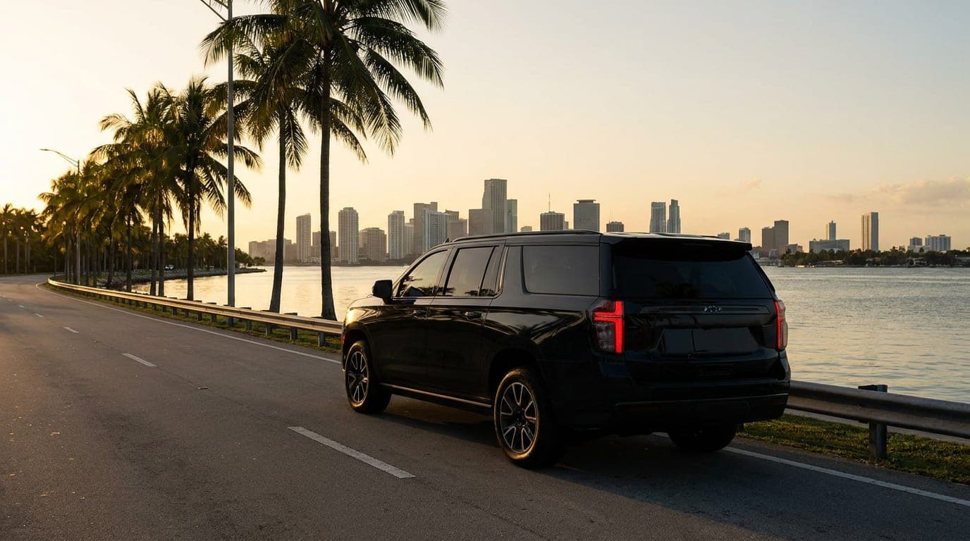 Black Chevrolet Suburban on a palm-lined causeway with the Miami skyline behind
