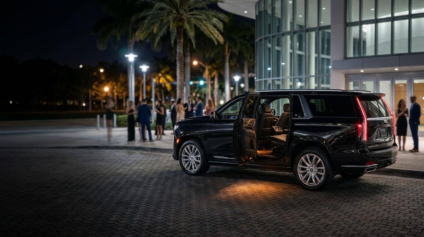 Black SUV with its door open outside an event venue in Miami Beach at night