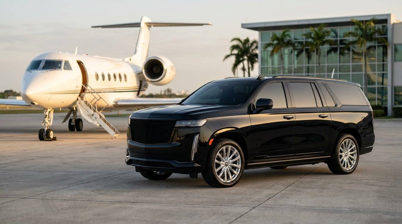 Black SUV next to a business jet at an FBO at Opa-locka Executive Airport