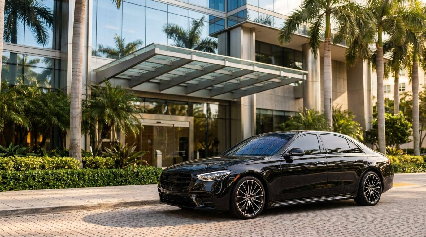Black executive sedan at an office tower in Brickell